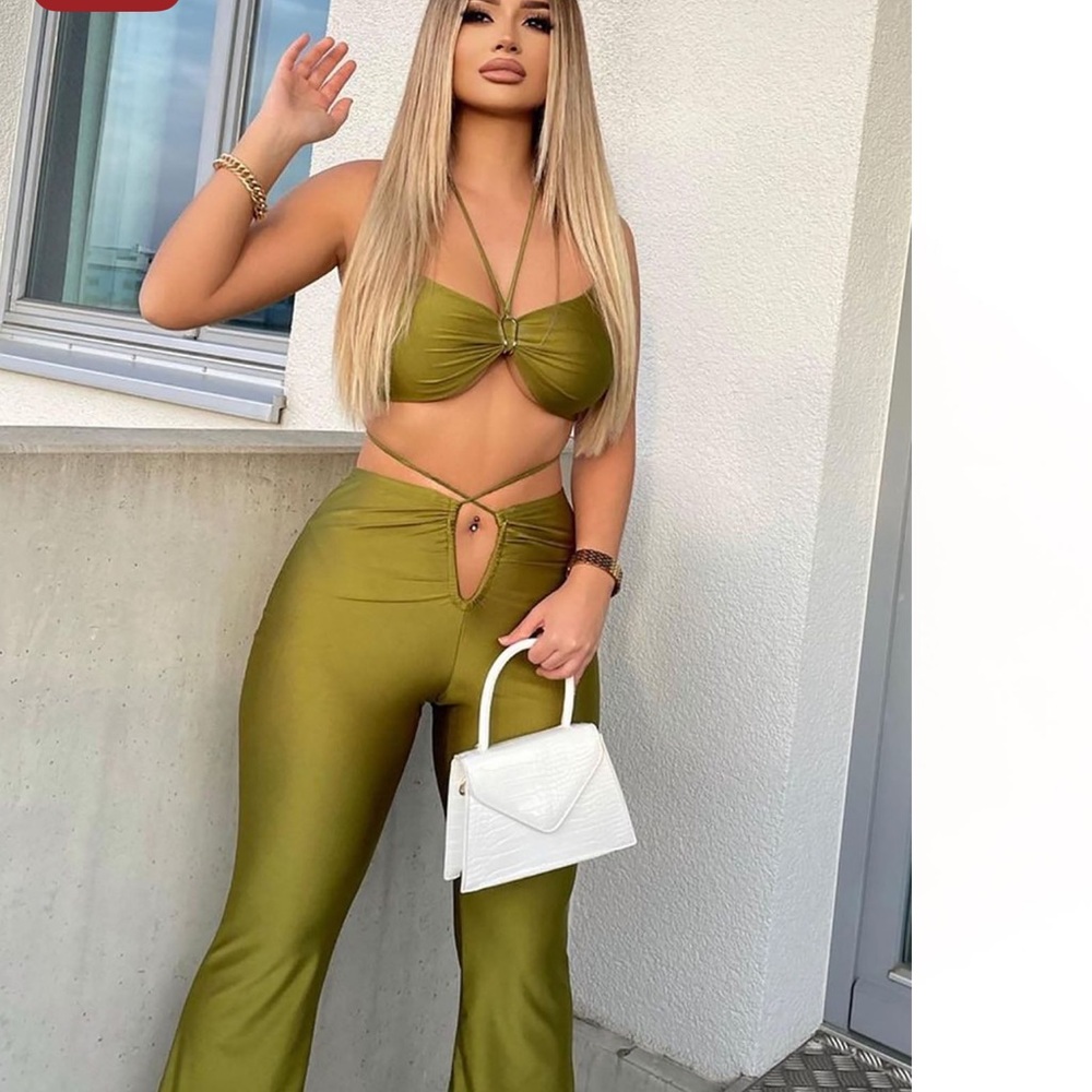 Fashion Nova Olive Green Flare Pant Set - Picture 2 of 3